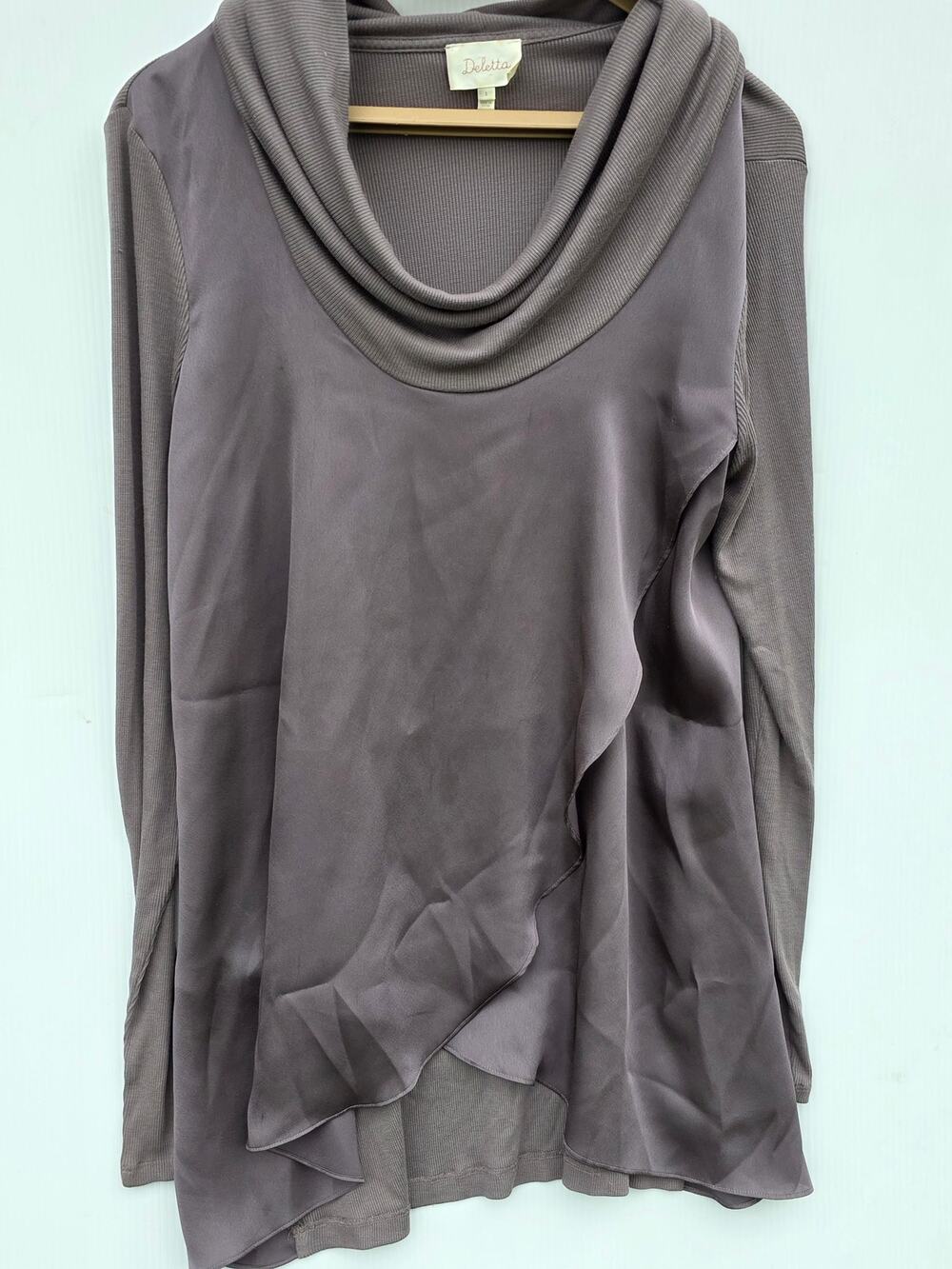 Deletta by Anthropologie Gray Cowl Neck Layered Tunic Top Size Small Minimalist